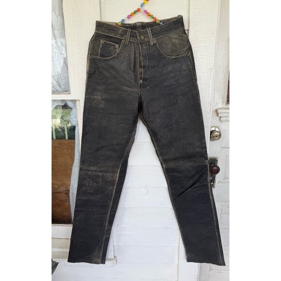 Vintage 90's Mens Distressed Brown Leather Biker Pants Size 28 Waist - Picture 1 of 16